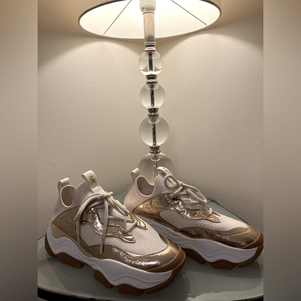 Michael Kors Atlas knit Cream and Gold Trainers 9.5